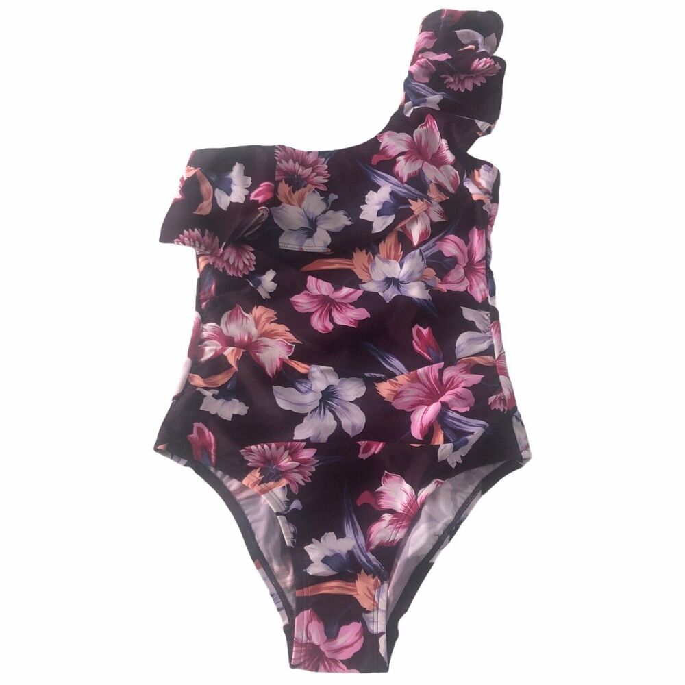 Kona Sol Small One Shoulder Purple Floral Ruched $40 One Piece Swimsuit #SW
